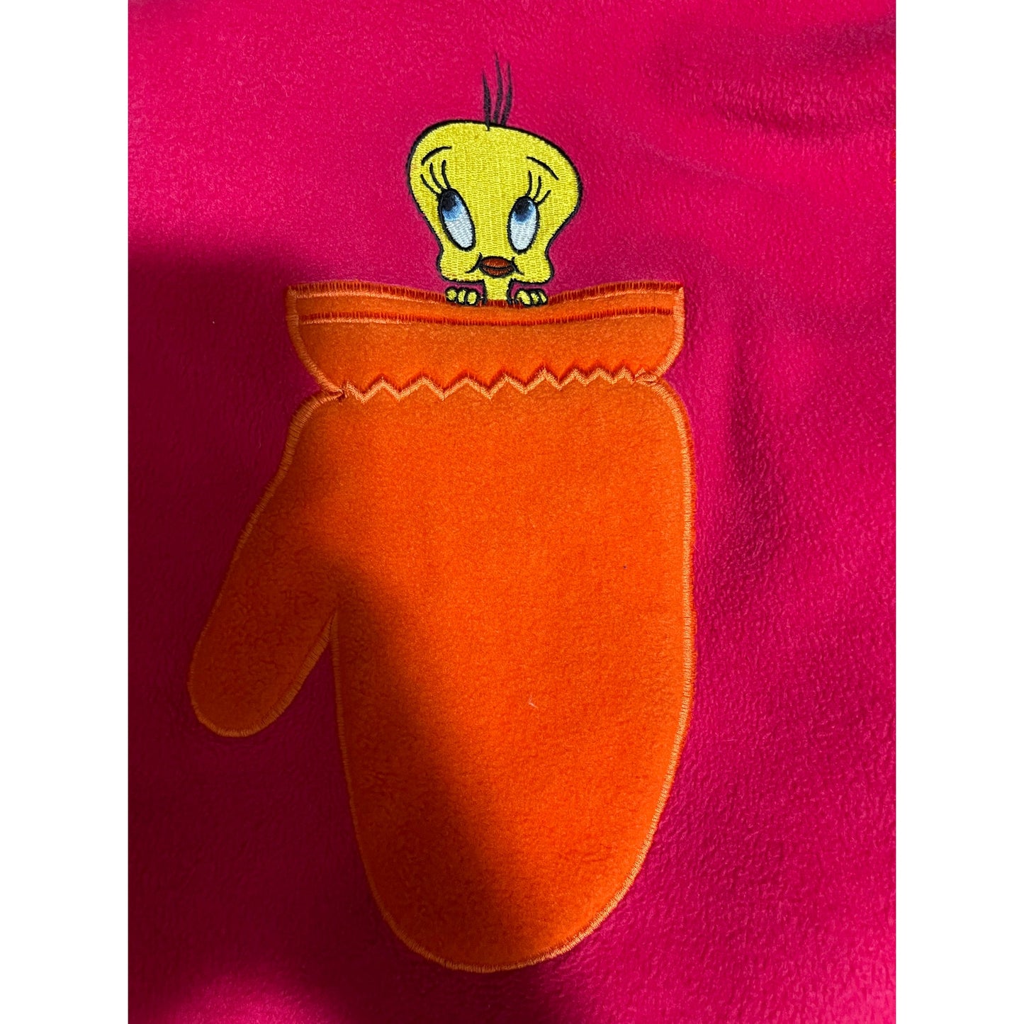 Vintage Y2K Looney Tunes Sylvester & Tweety Bird Pink Embroidered Fleece Scarf