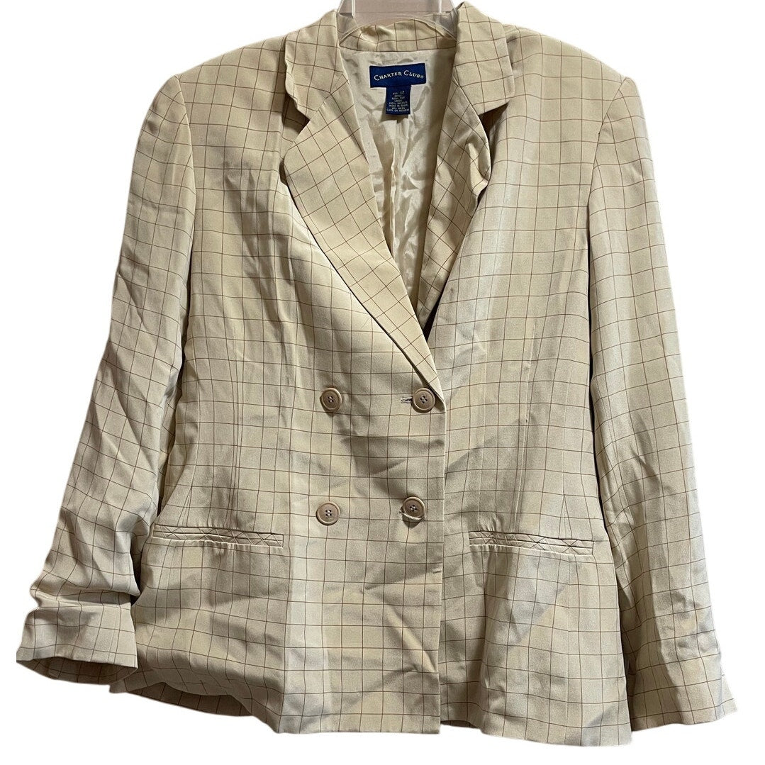 Charter Club 100% Silk Tan Checkered Blazer - Size 12 - NWOT