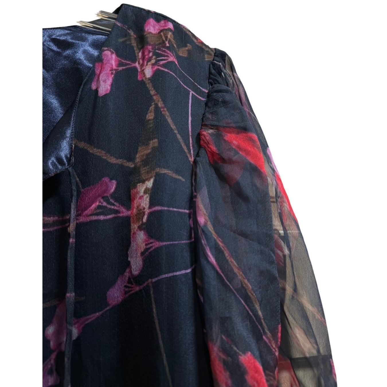 Vintage Sue Sartor Black & Red Floral Sheer Long Sleeve Mini Dress - M