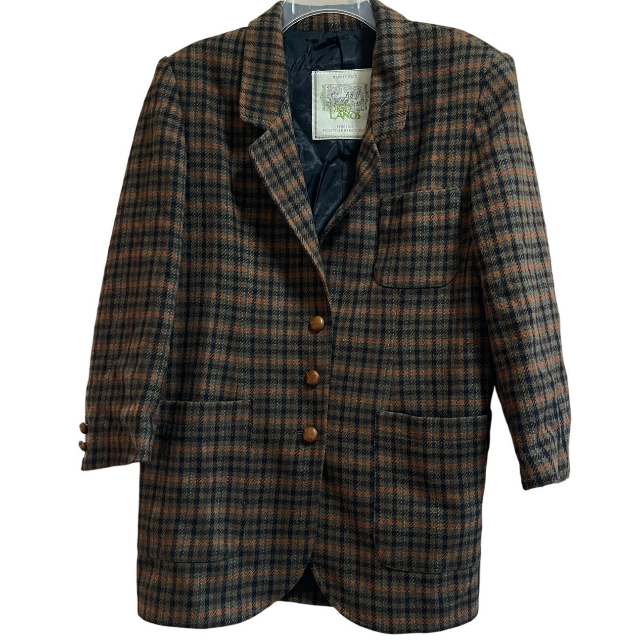 Vintage Italian Made Highlands Benetton Wool Blend Plaid Jacket Size 40