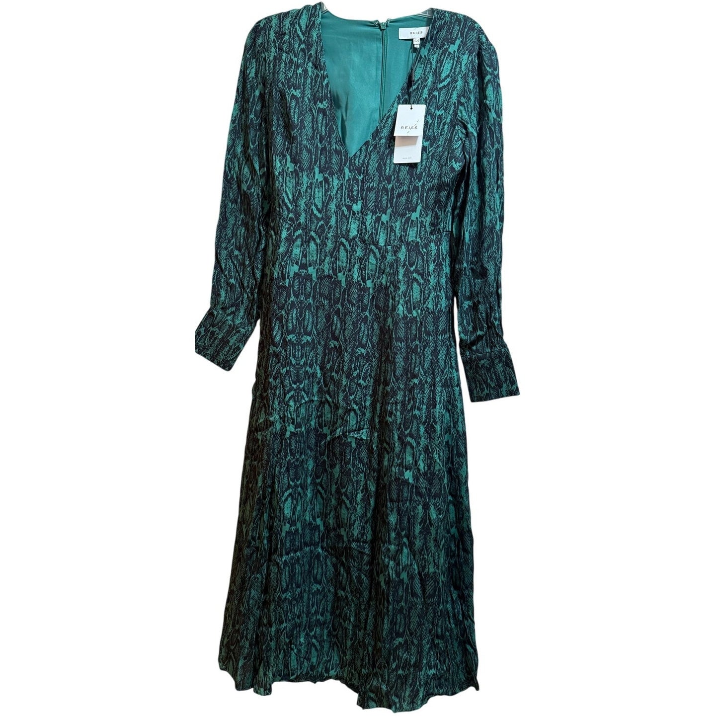 Reiss Greta Snake Skin Print Long Sleeve Maxi Dress - Teal - Size 8 - NWT