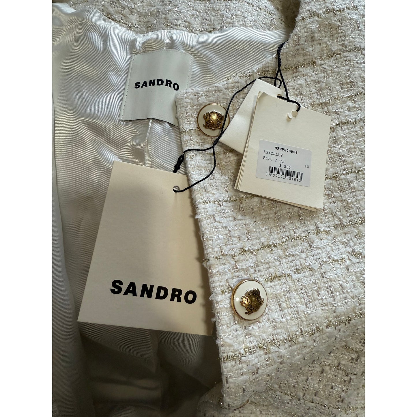 Sandro Size 40 (Medium) White and Gold Knit Blazer - NWT - $520 MRSP