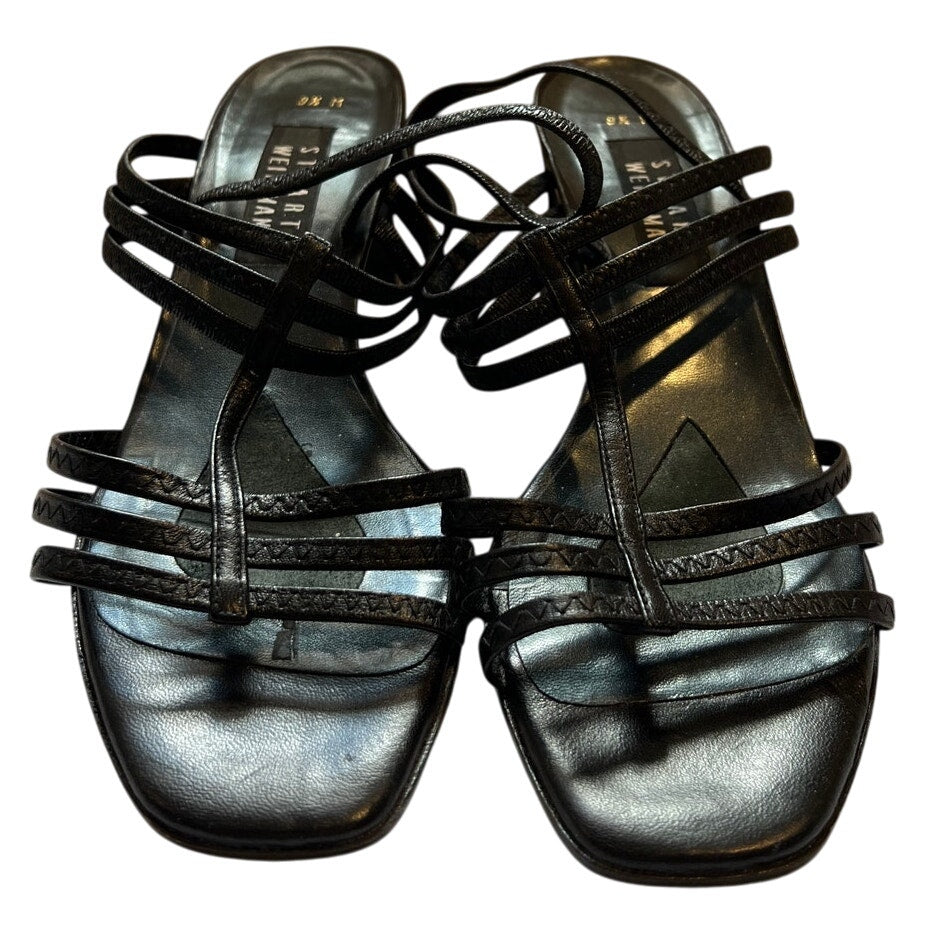 Stuart Weitzman Black Strappy Sandals 2.5" Block Heel - Size 9.5