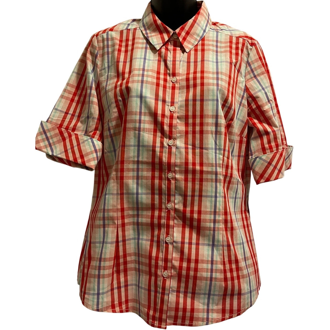 New York & Company Pink Plaid Poplin 3/4 Sleeve Button Up - Size Medium