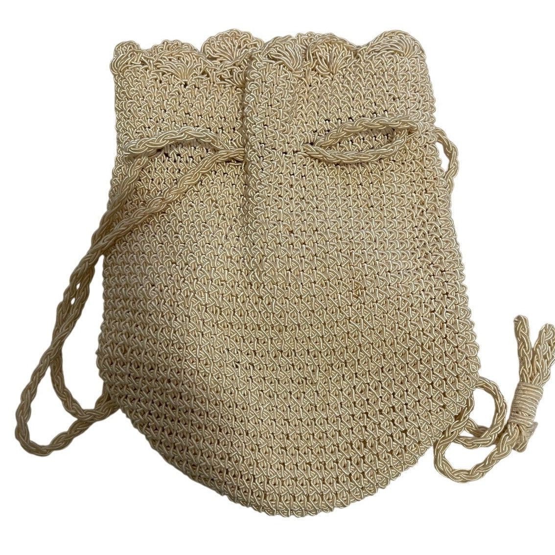 Vintage Woven White Drawstring Bucket Bag - Small