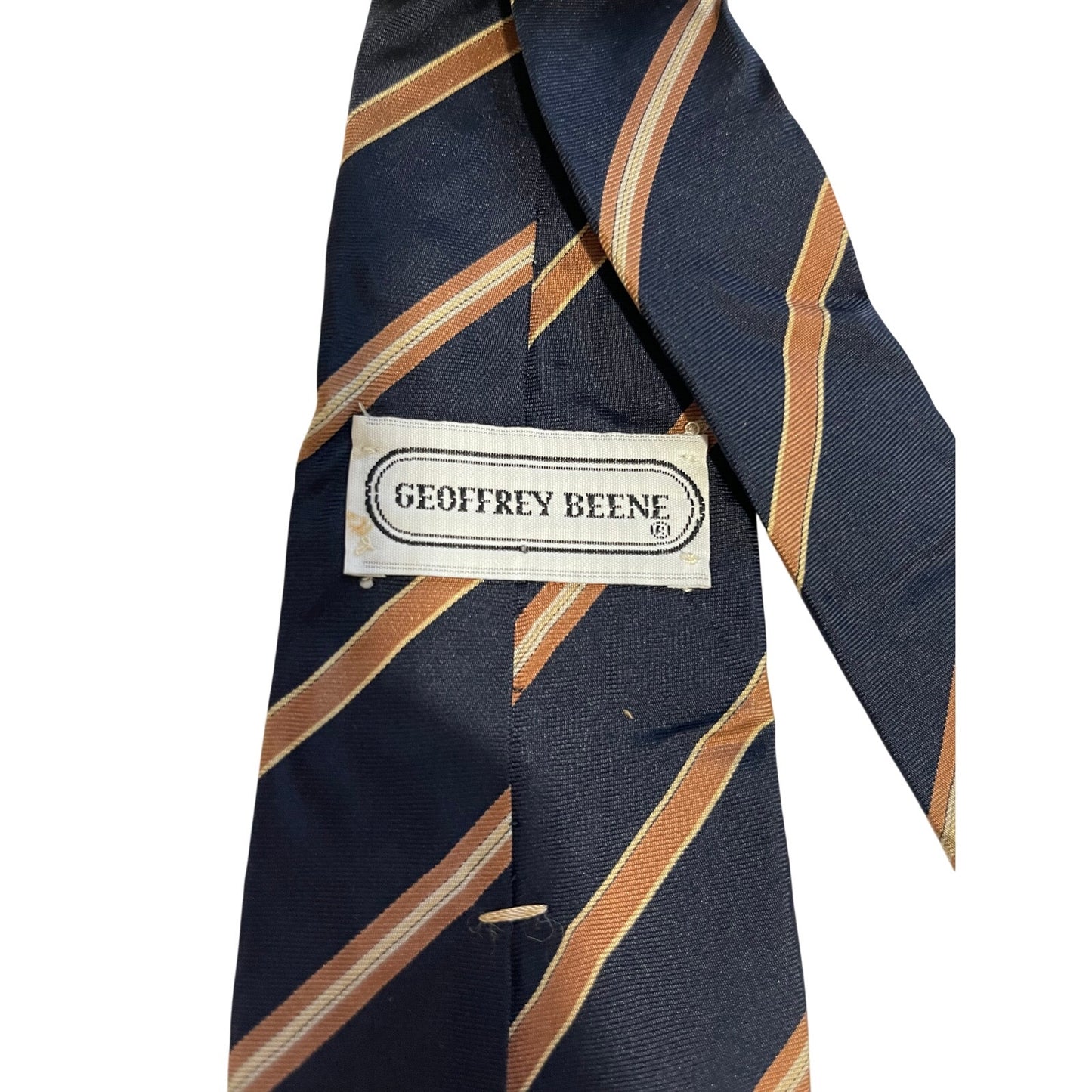 Vintage Geoffrey Beene 100% Silk Blue & Gold Striped Print Necktie Retro Tie