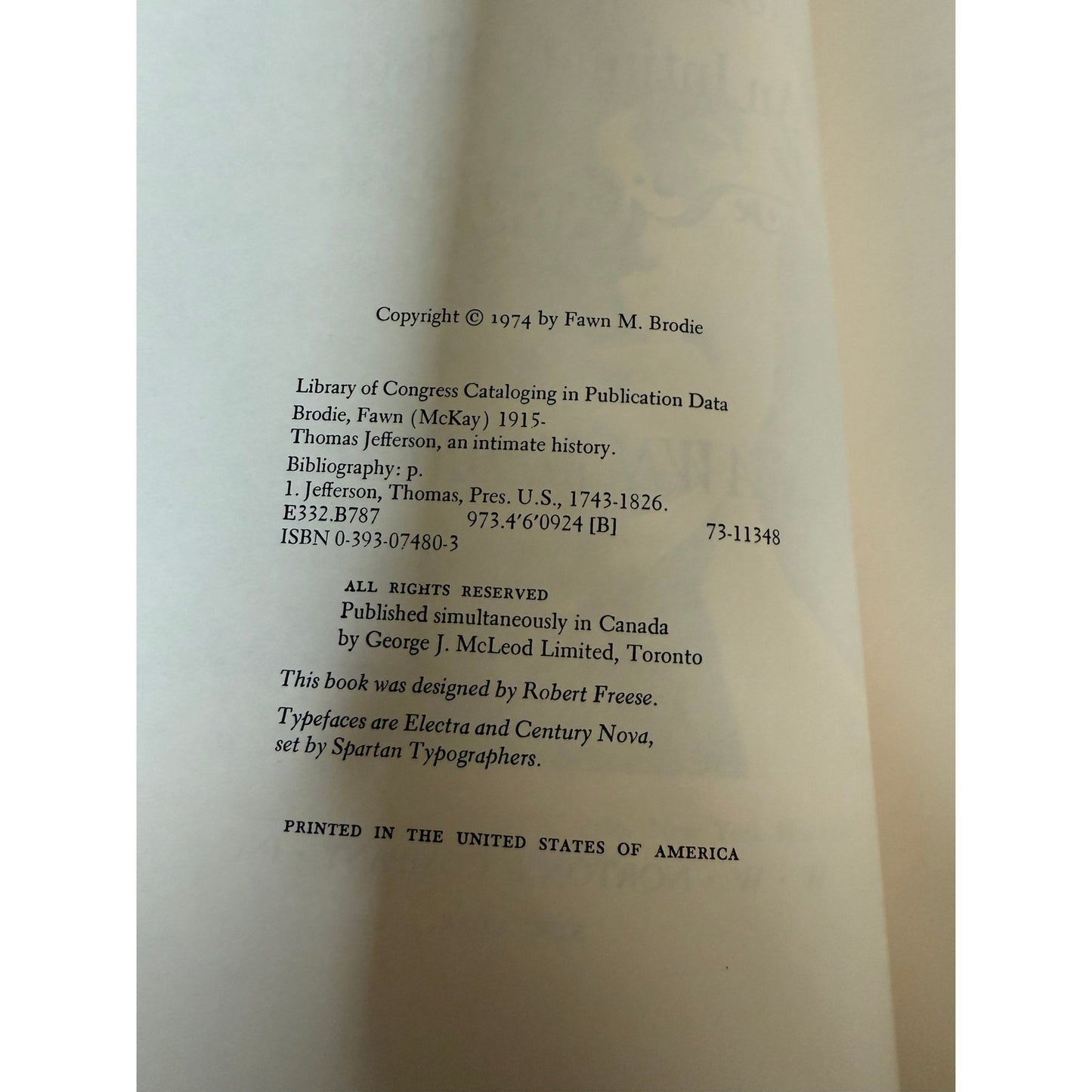 Thomas Jefferson An Intimate History - Fawn Brodie First Edition 1974 Hardcover