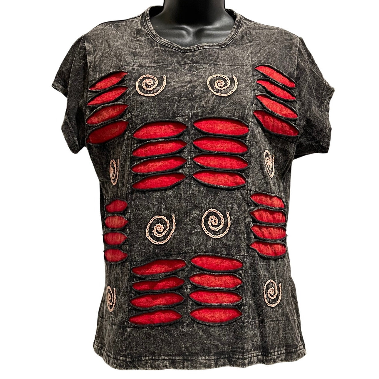 Shop Therapy Black Red Short Sleeve Textured T-Shirt - Size S/M - Vintage 90's