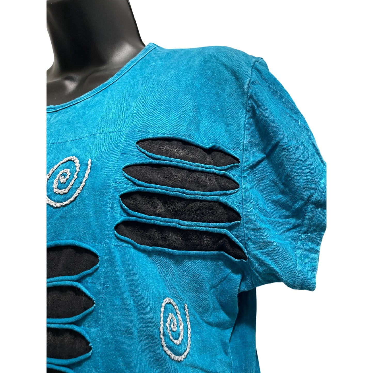 Shop Therapy Blue Black Short Sleeve Textured T-Shirt - Size S/M - Vintage 90's