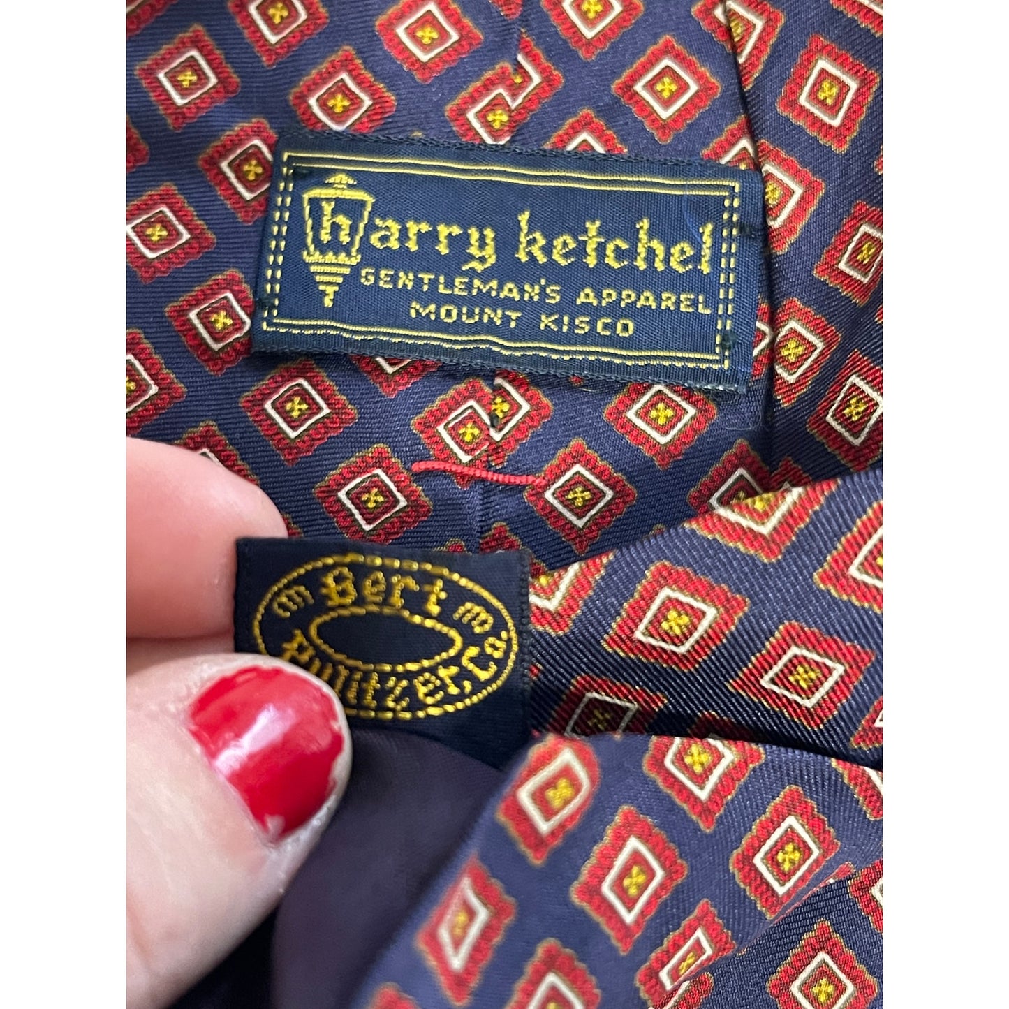 Vintage Bert Pulitzer Blue and Red Diamond Patterned Pure Silk Necktie