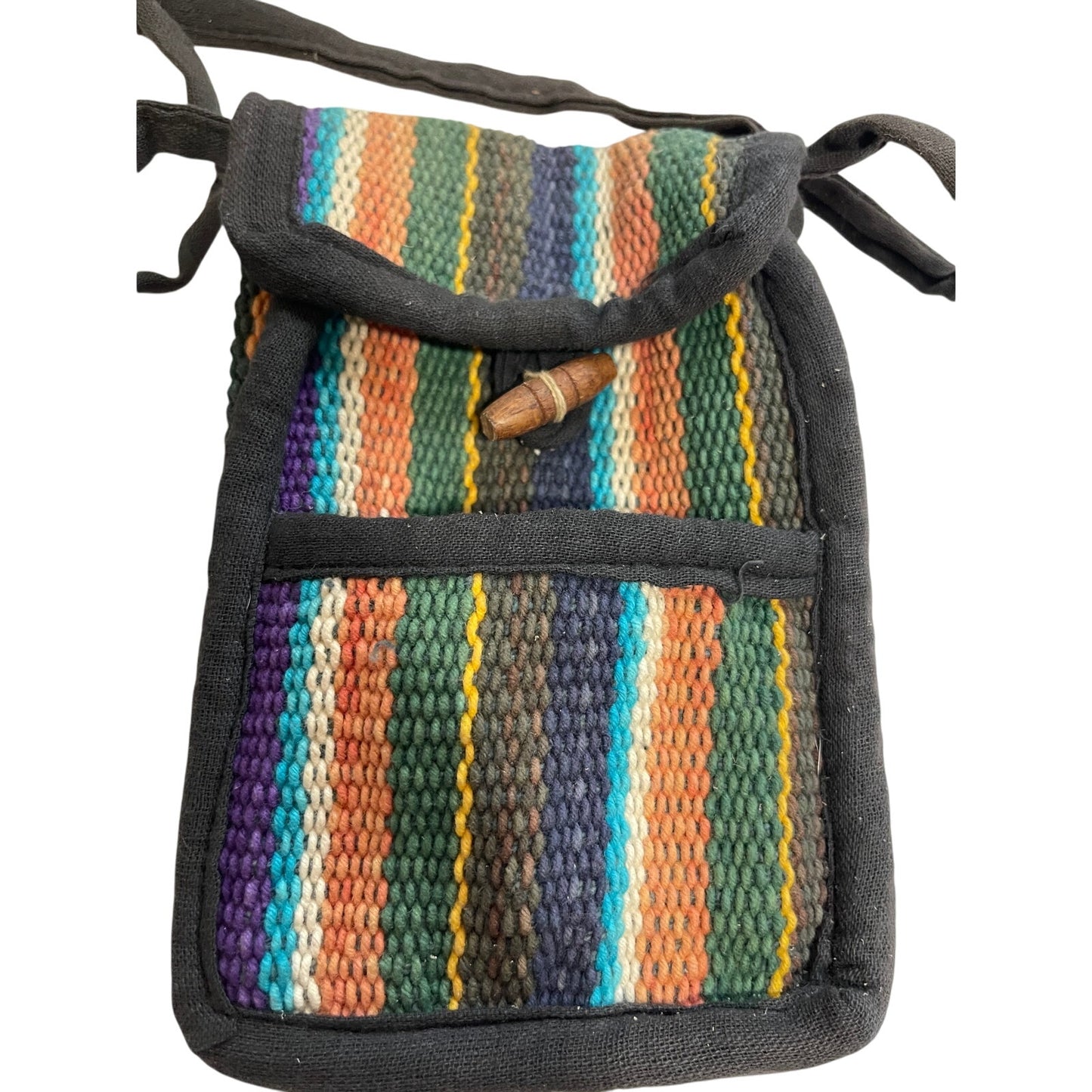 Vintage Woven Striped Crossbody Bag with Wood Closure