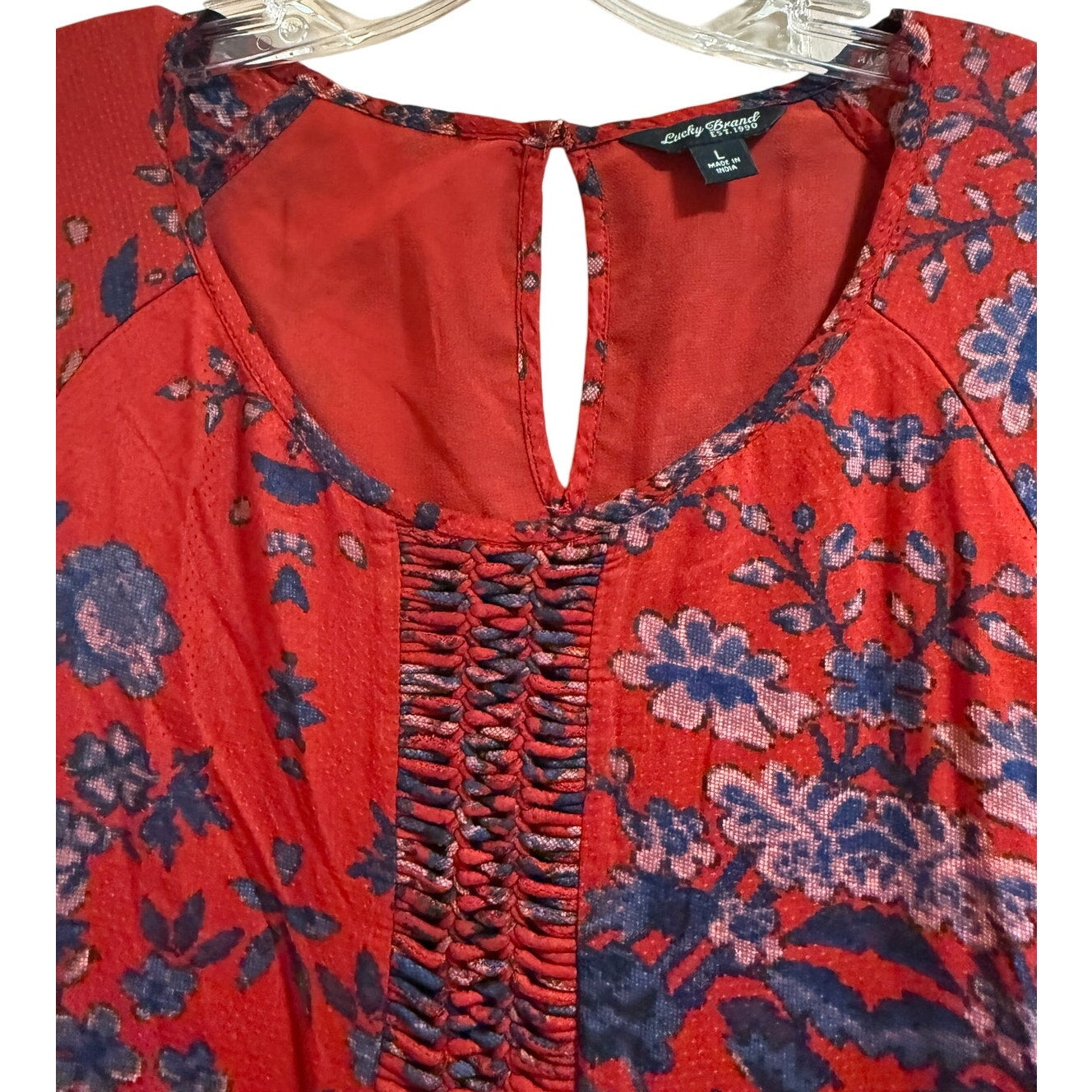 Lucky Brand Red and Blue Floral Print Long Sleeve Boho Dress - Size Large