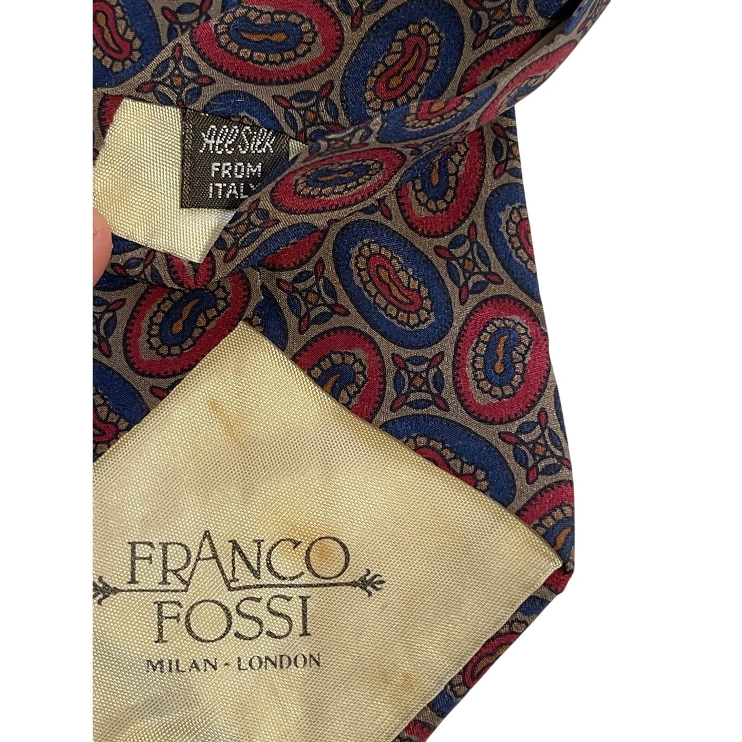 Vintage Franco Fossi Milan London 100% Silk Red Blue Oval Patterned Necktie