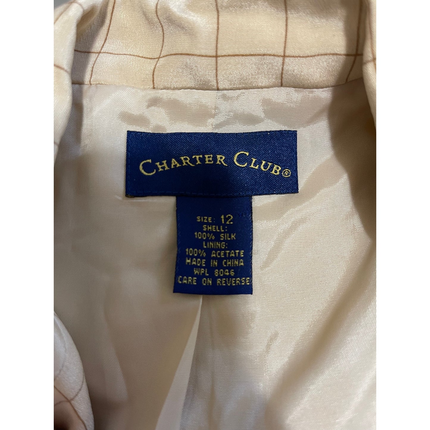 Charter Club 100% Silk Tan Checkered Blazer - Size 12 - NWOT