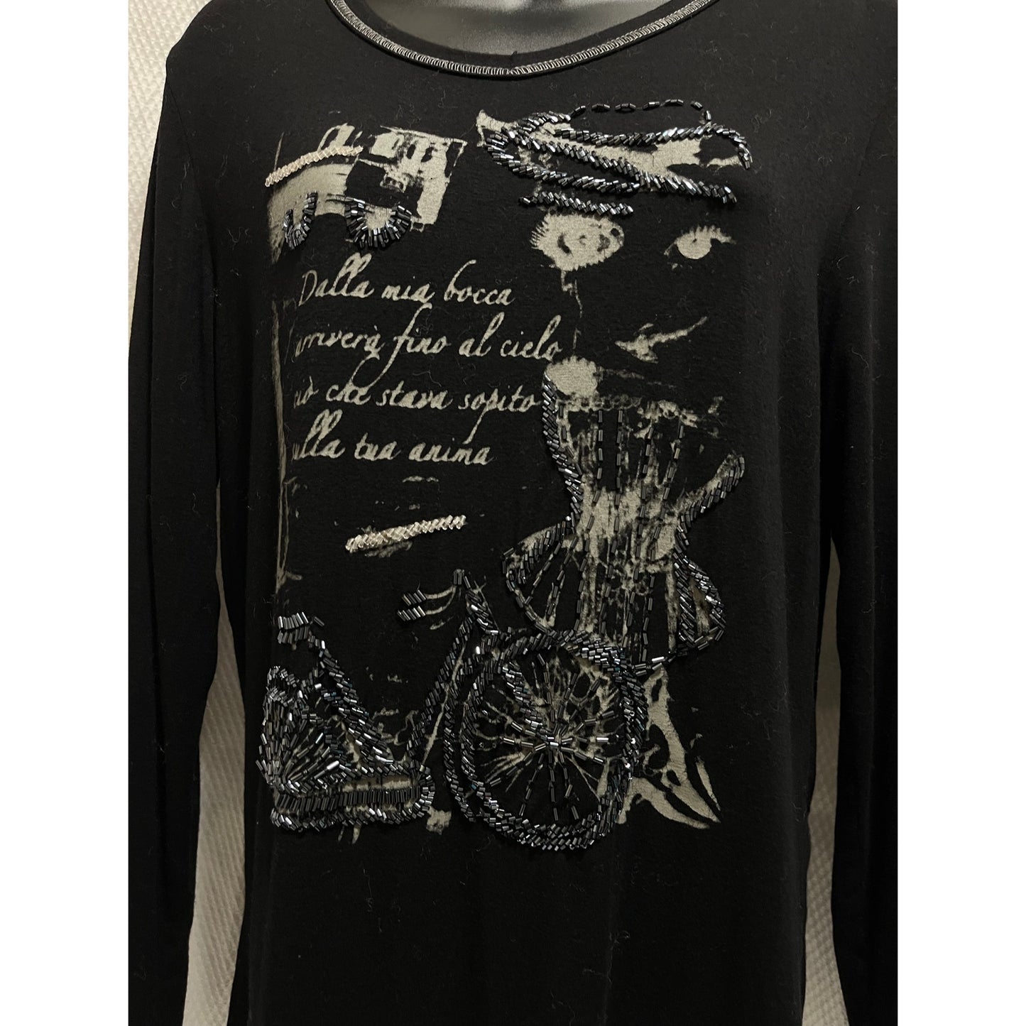 Gizel Black Graphic Print Beaded Accents Y2K Medium Long Sleeve T-Shirt