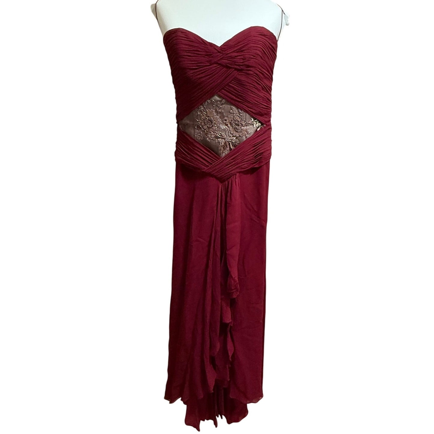 Maroon Red Strapless Gown - Beaded, Lace Center - Prom - Party