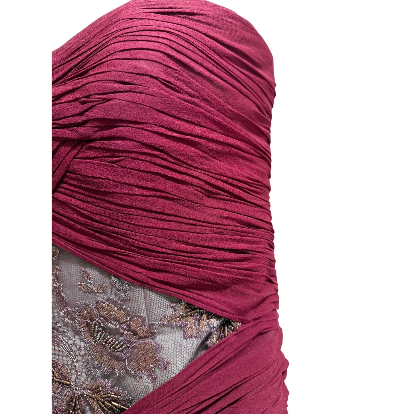 Maroon Red Strapless Gown - Beaded, Lace Center - Prom - Party