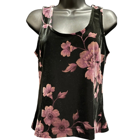 New York & Company Vintage Velvet Black Floral Sleeveless Blouse - Medium