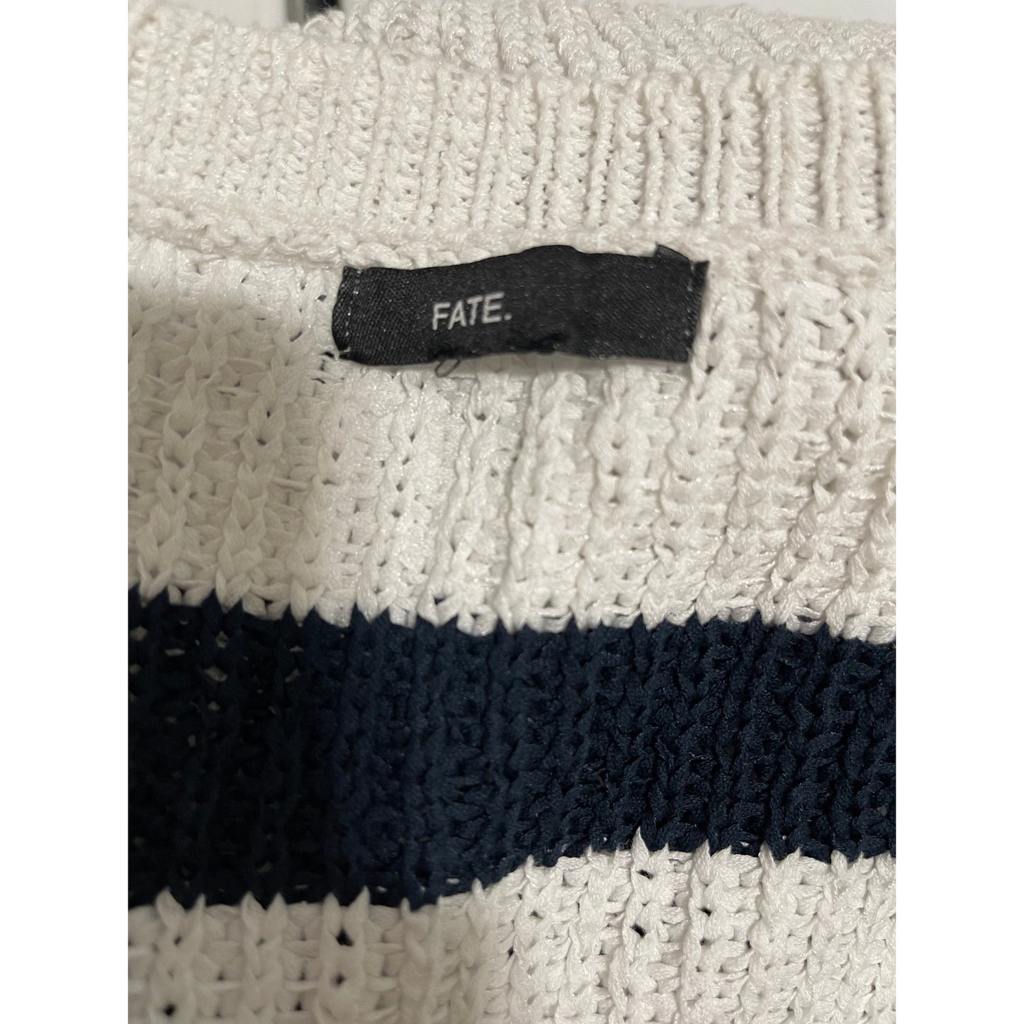 Fate. Size Large White & Black Striped Knit Sweater with Tie Sides