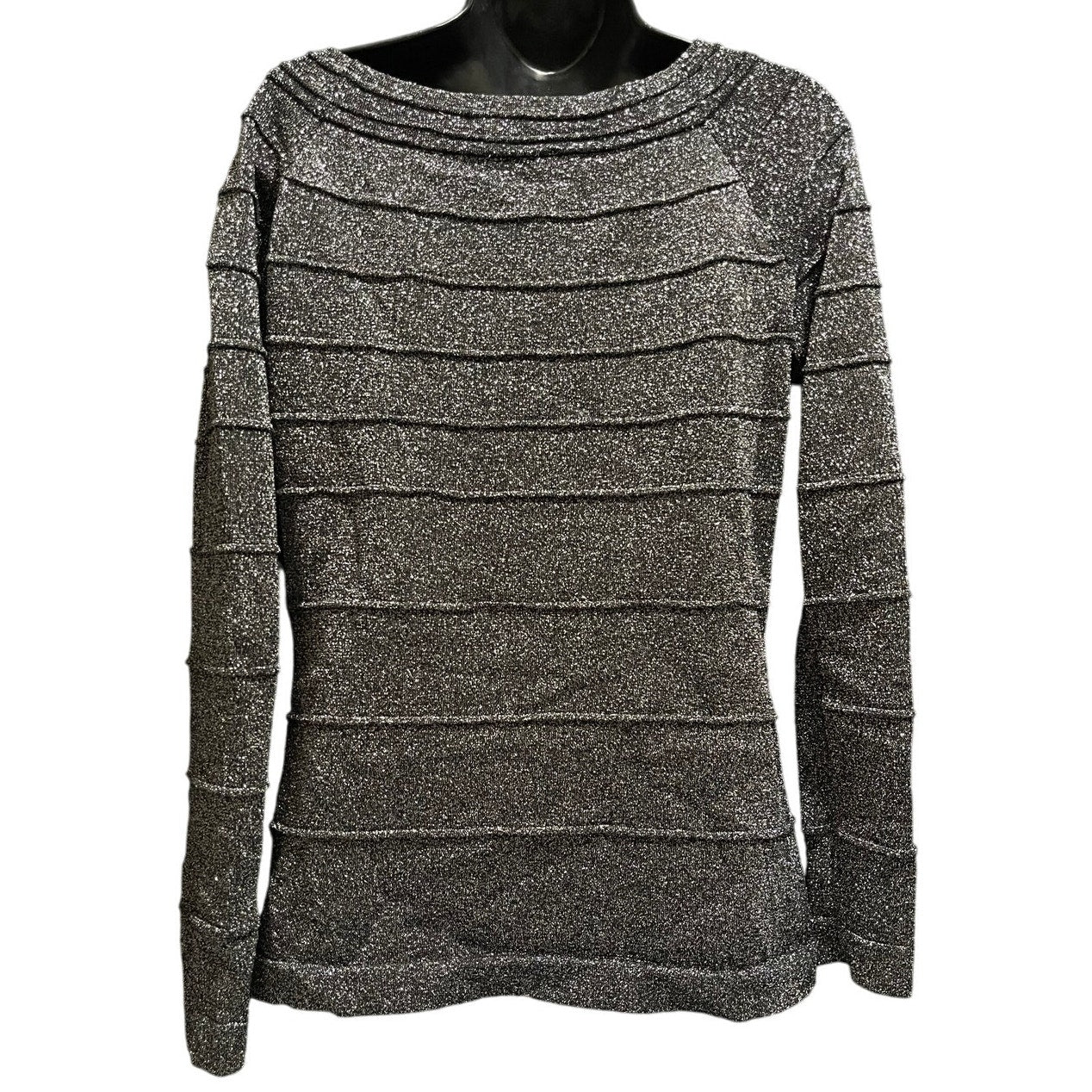 Cache Long Sleeve Slinky Knit Top Tunic Size Large Silver Black Metallic