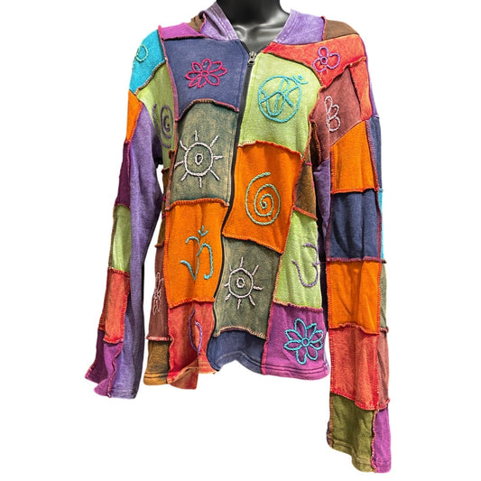 Shop Therapy Made in Nepal 100% Cotton Embroidered Zip Up Color Block Hoodie M/L