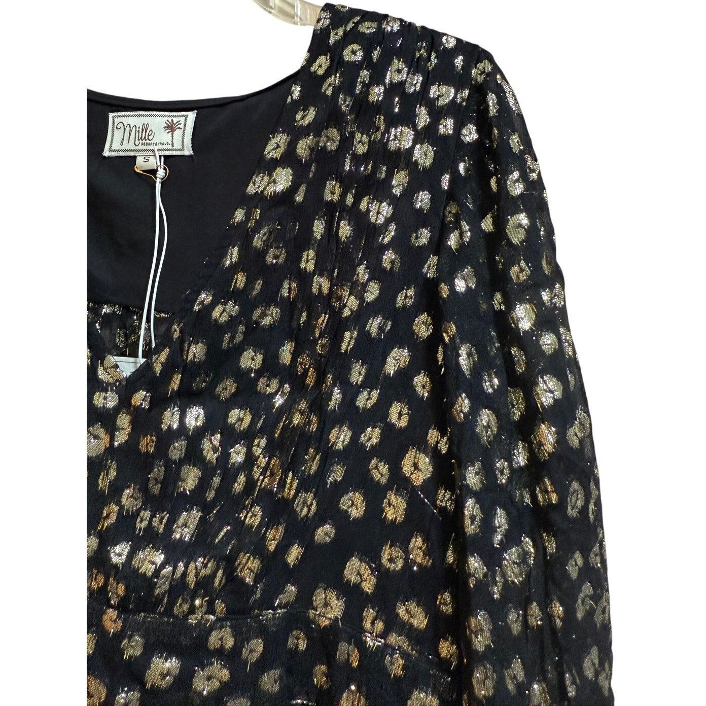 Mille Resort & Travel Black and Gold Flare Sleeve Mini Dress - Size Small - NWT