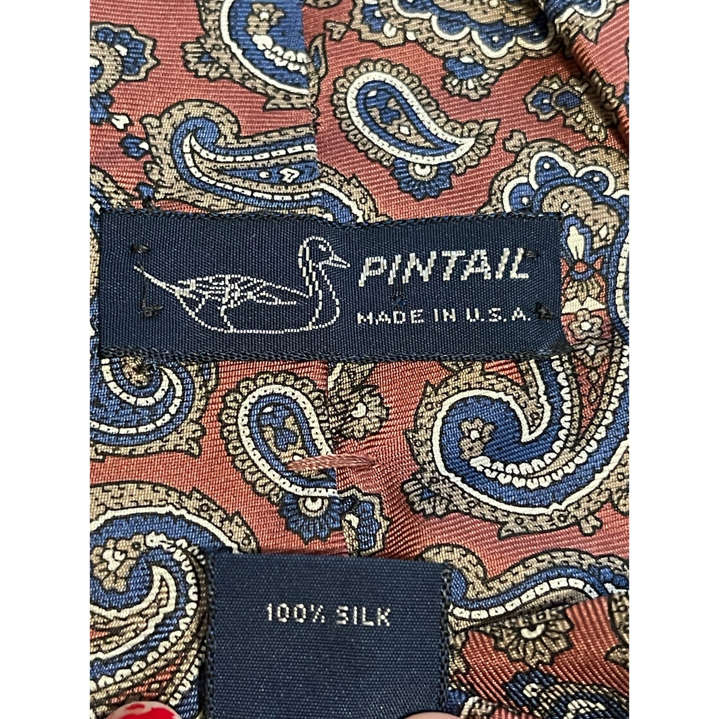 Vintage Pintail Brand Red & Blue Paisley Print 100% Silk Necktie Retro Tie