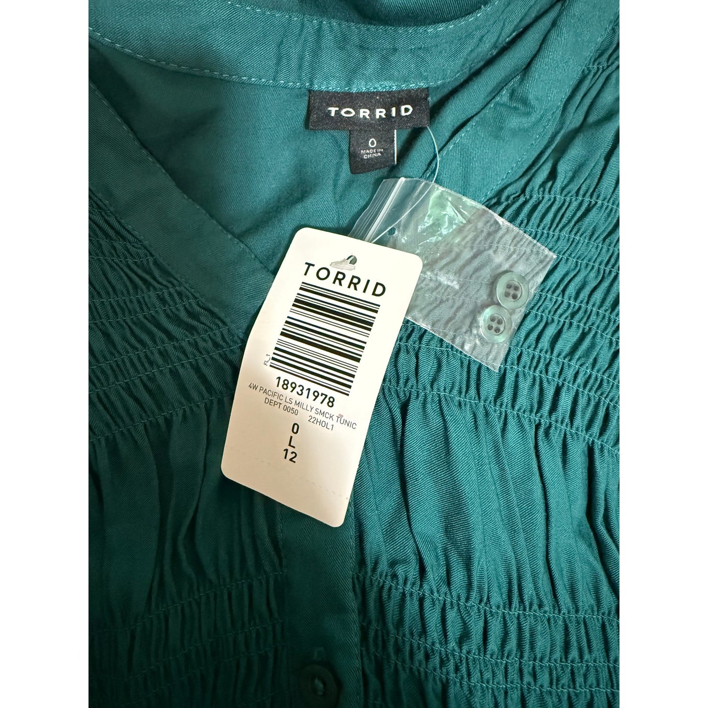 Torrid Teal Green Long Sleeve Boho Blouse - Size 0 - Large - NWT
