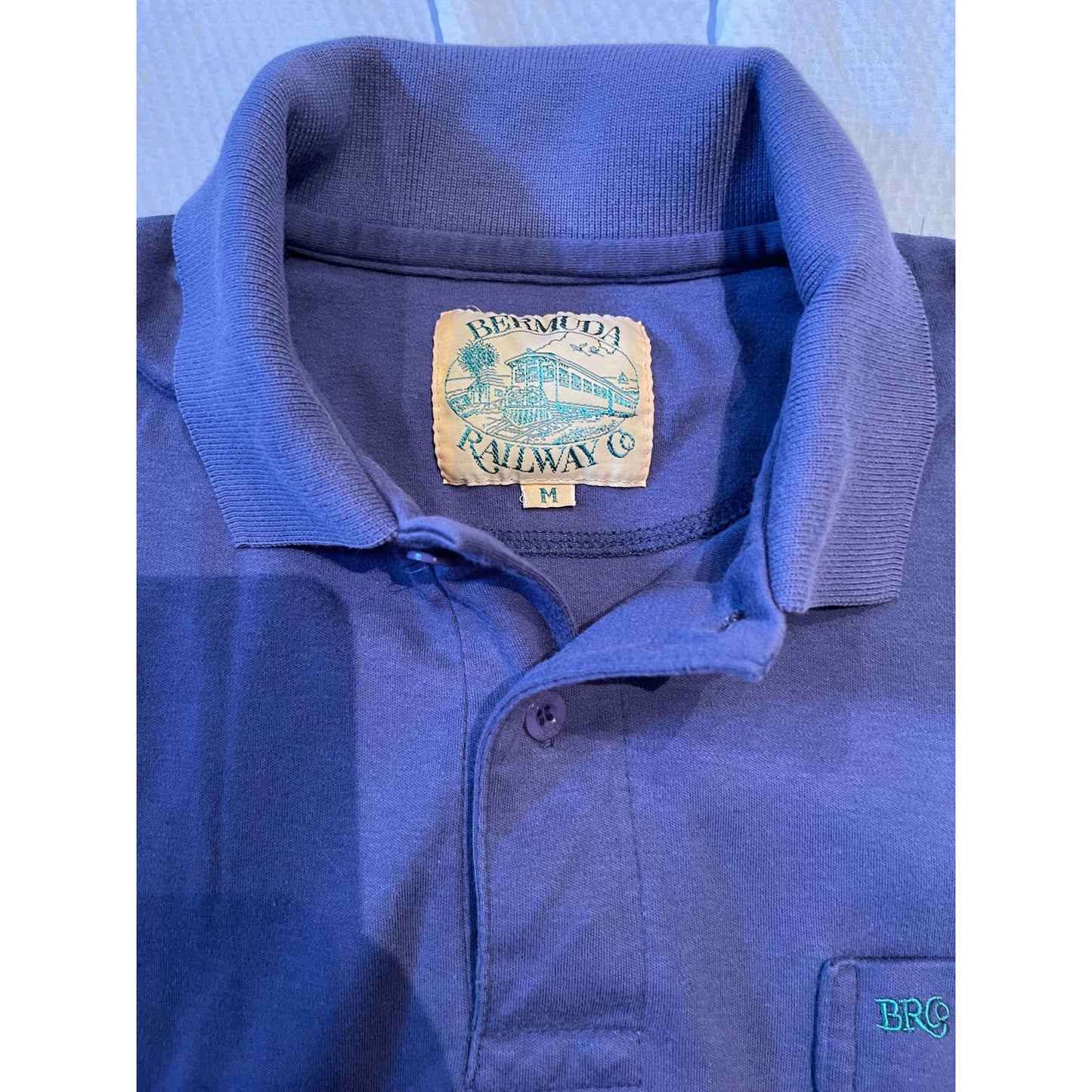 Vintage Bermuda Railway 100% Cotton Medium Blue / Purple Polo Shirt Golf