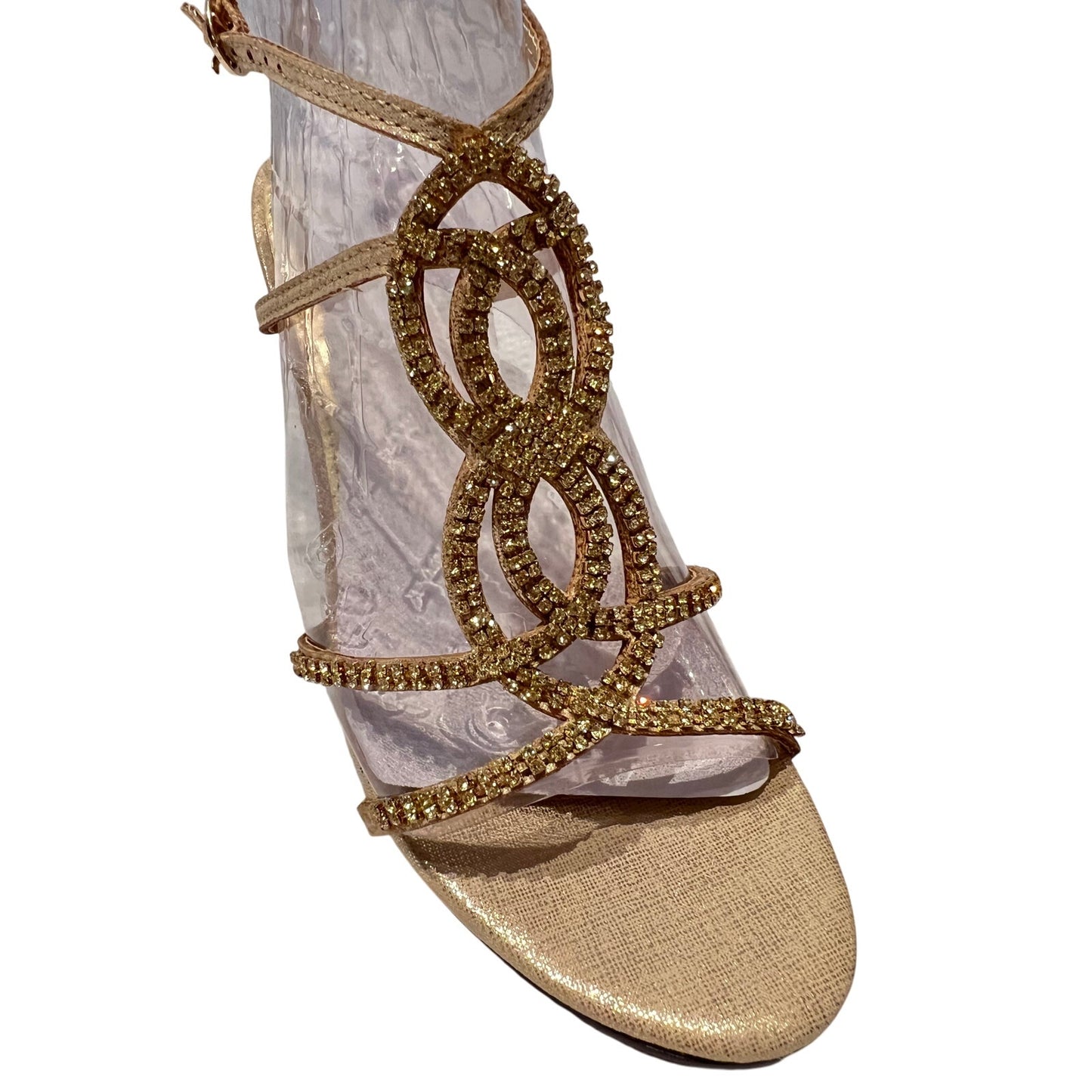 New In Box Marrinelli Size 8 Gold Twinkle Heels Strappy
