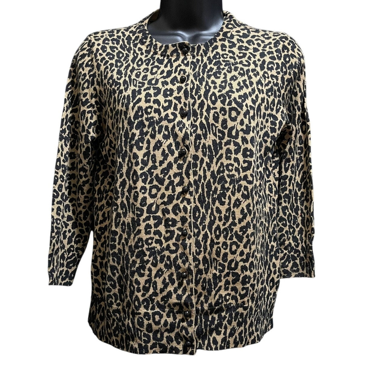 Talbots Pure Italian Merino Size Medium Petite Animal Print Knit Cardigan