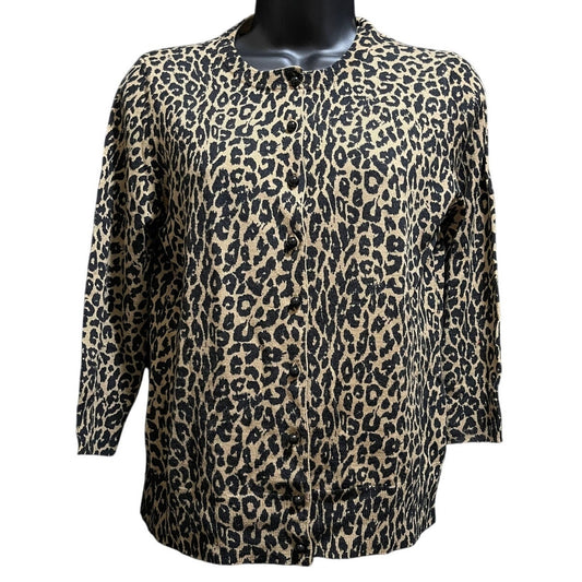 Talbots Pure Italian Merino Size Medium Petite Animal Print Knit Cardigan