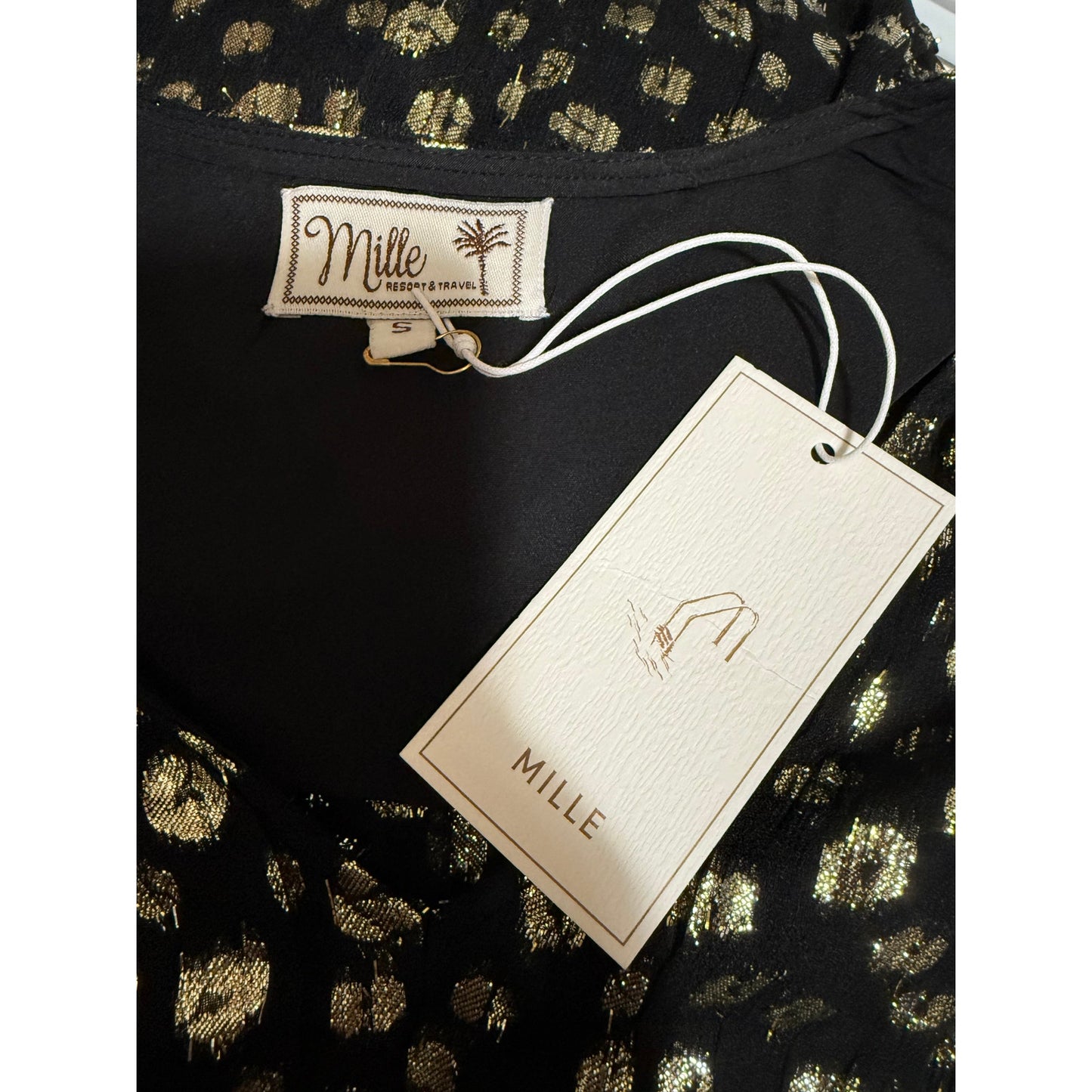 Mille Resort & Travel Black and Gold Flare Sleeve Mini Dress - Size Small - NWT