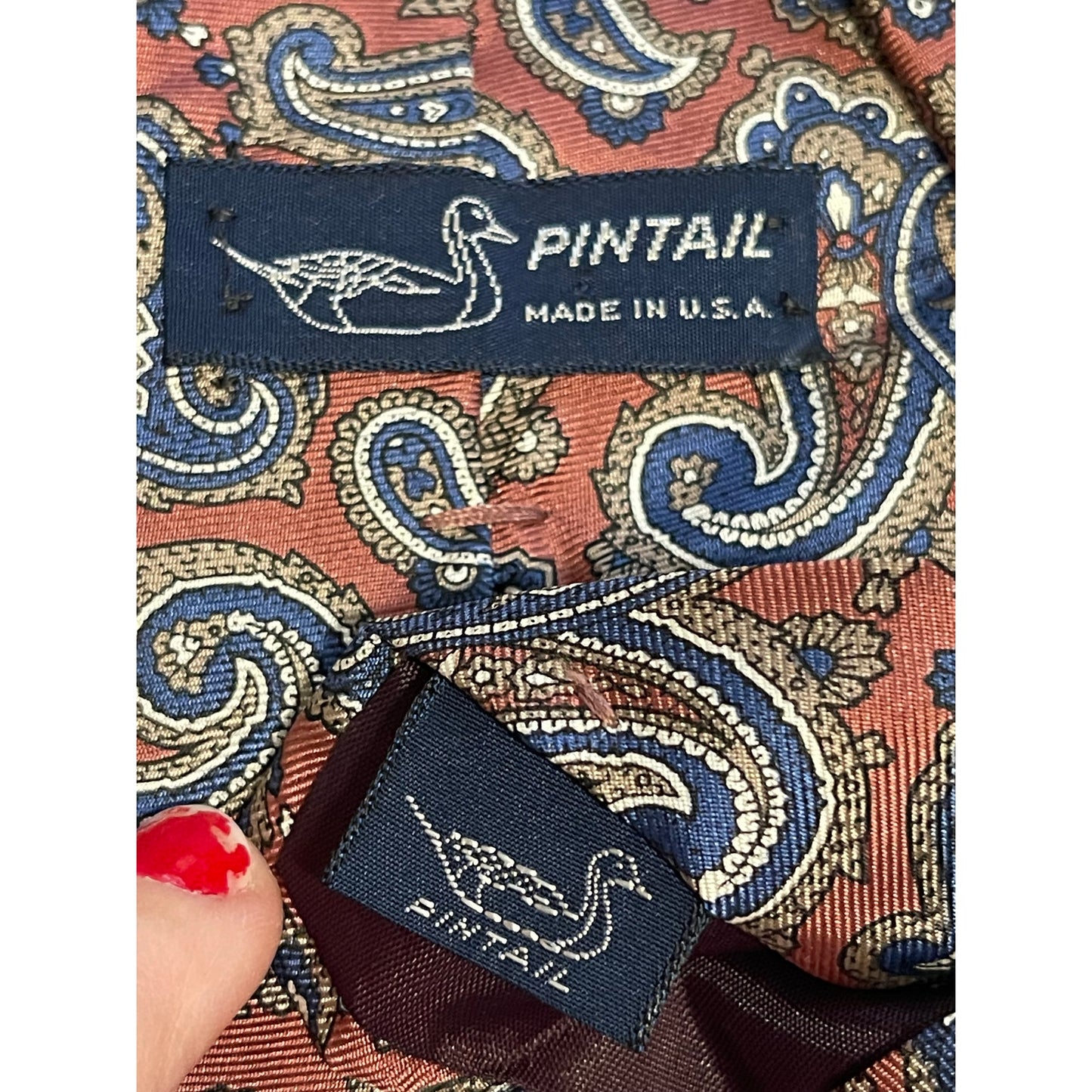 Vintage Pintail Brand Red & Blue Paisley Print 100% Silk Necktie Retro Tie