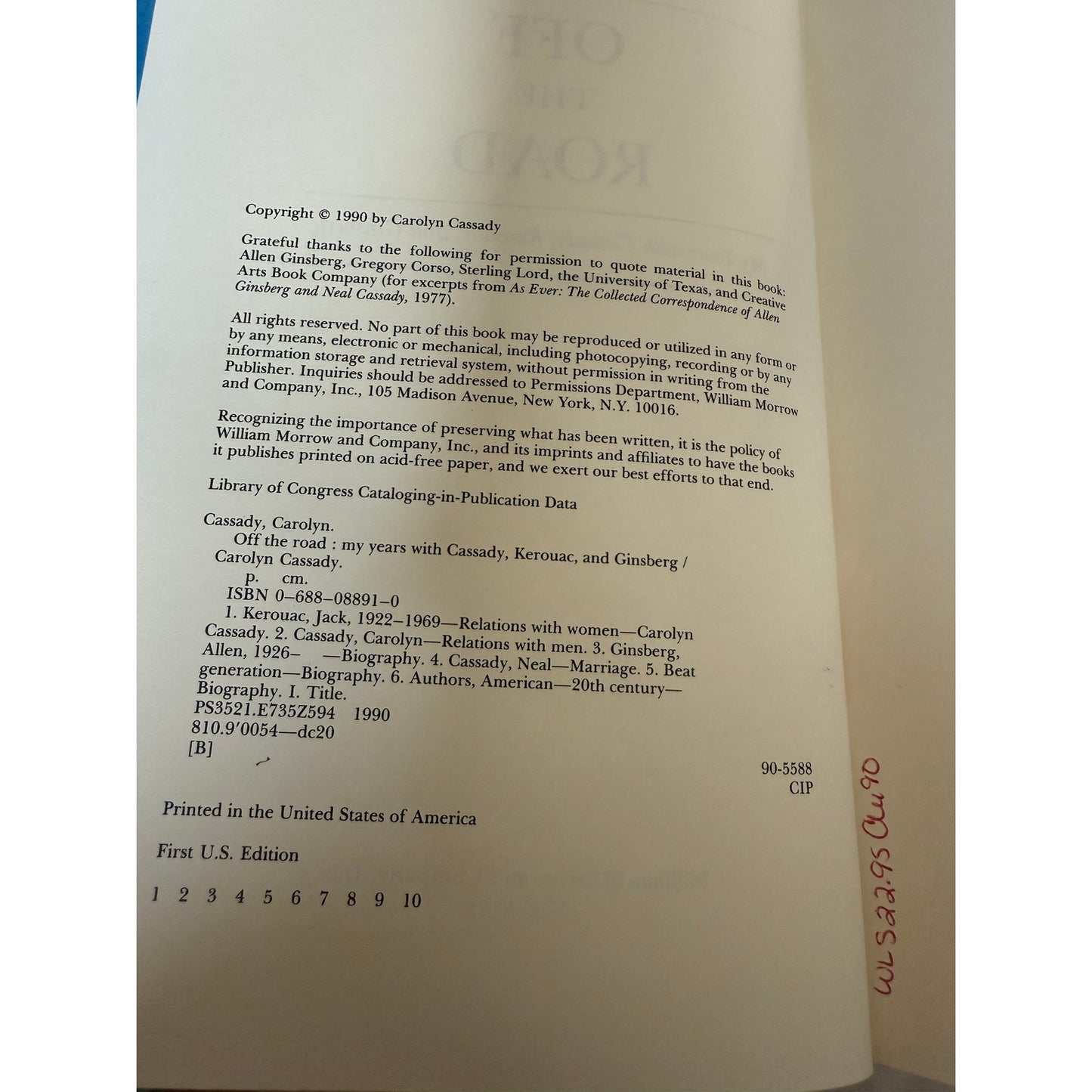 Off The Road - Carolyn Cassady - Kerouac - 1st US Edition - 1990 - Hardcover