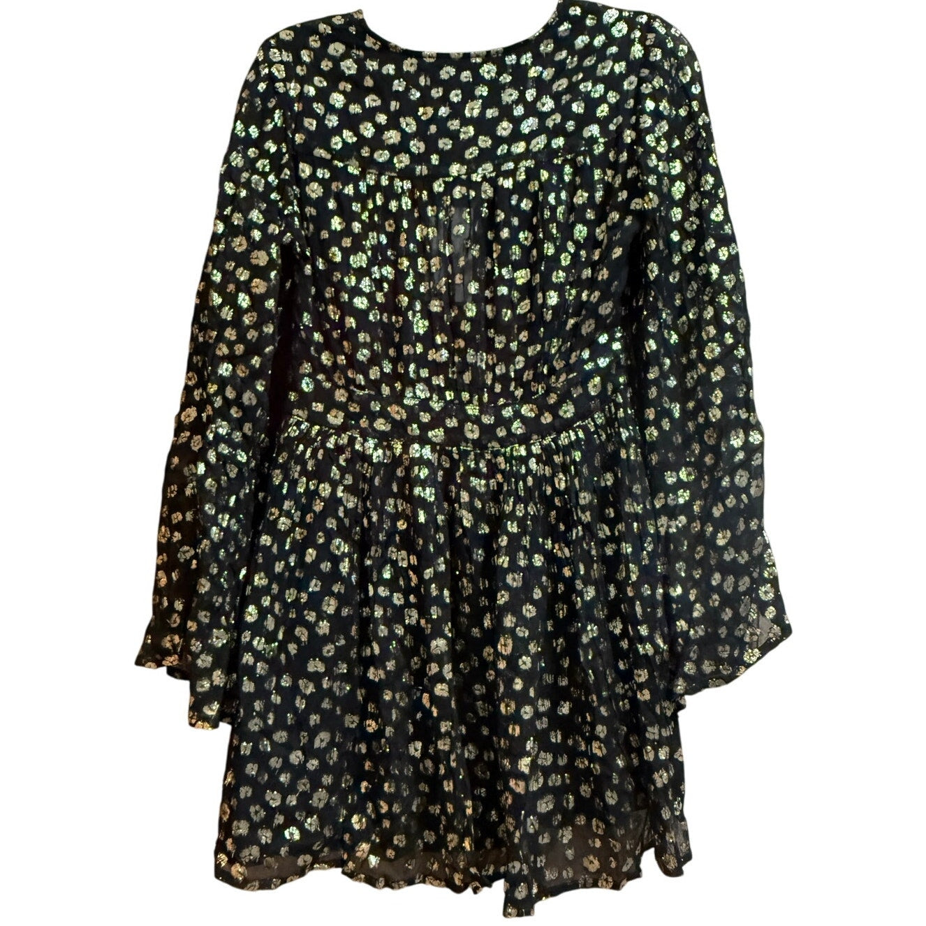 Mille Resort & Travel Black and Gold Flare Sleeve Mini Dress - Size Small - NWT