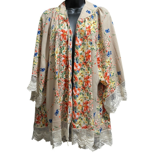 Umgee Tan and Pink Floral Print Cardigan / Shrug - Size Small - NWT