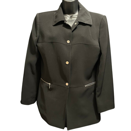Tahari Black 3 Button Blazer Jacket - Size 12 Zipper Pockets