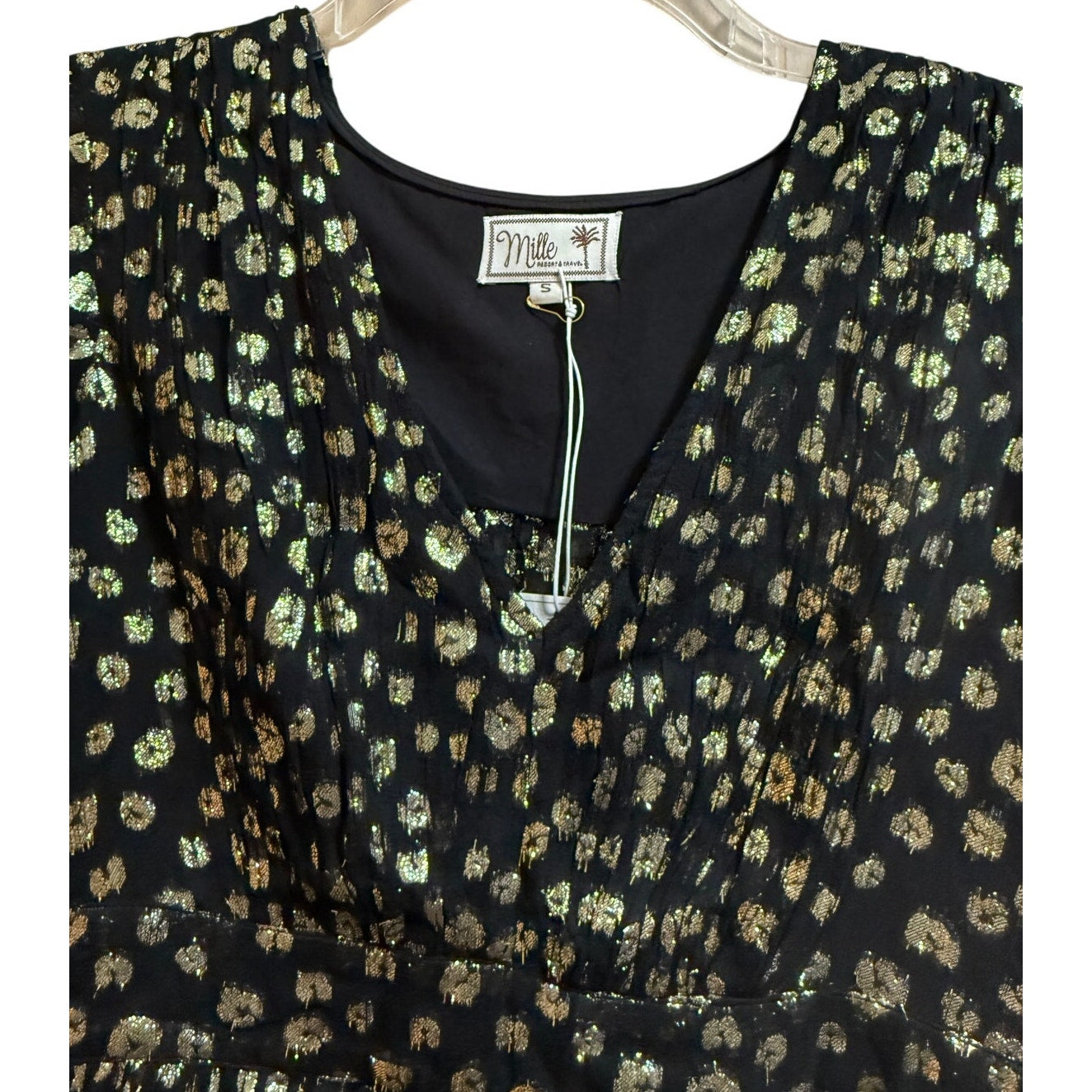 Mille Resort & Travel Black and Gold Flare Sleeve Mini Dress - Size Small - NWT