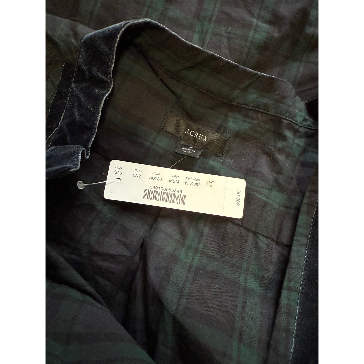 J.Crew Green Plaid Velvet Accent Tunic Blouse - NWT - Small - $98 MSRP