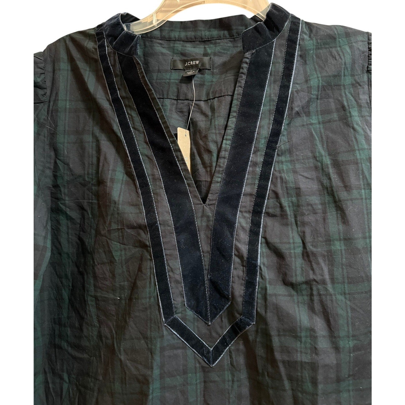 J.Crew Green Plaid Velvet Accent Tunic Blouse - NWT - Small - $98 MSRP
