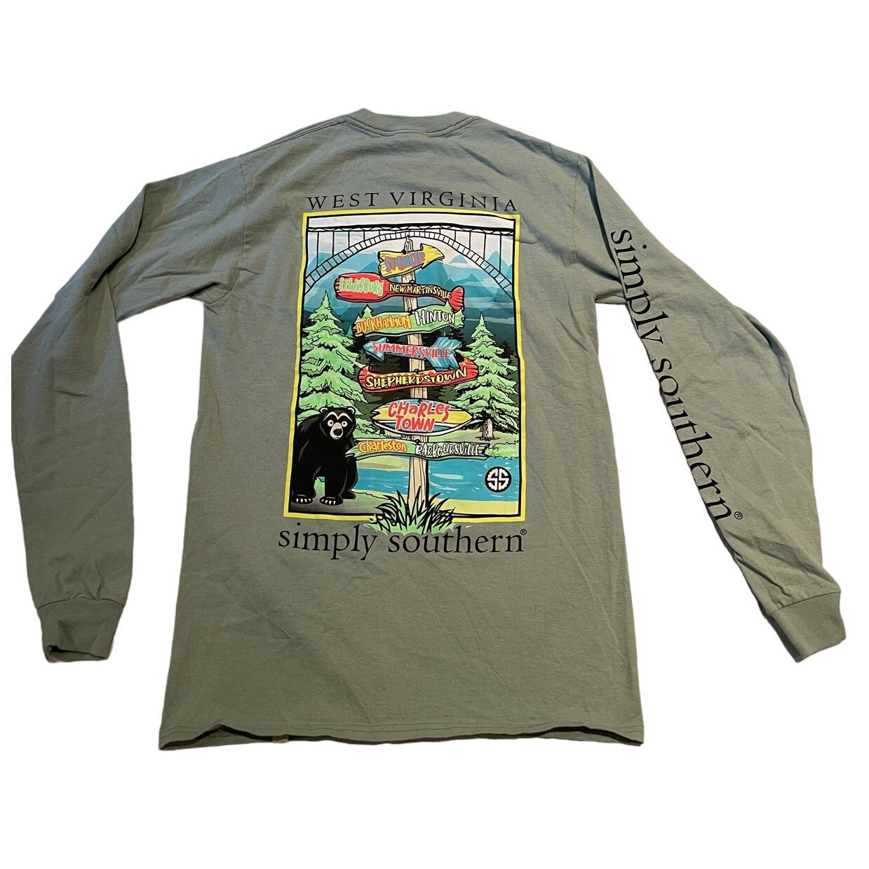 Simply Southern Unisex Small Green Long Sleeve Cotton West Virginia Graphic Tee