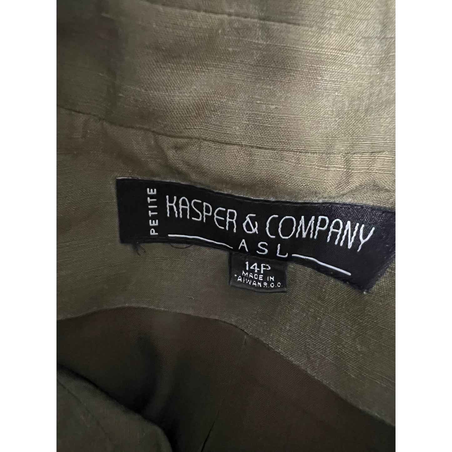 Vintage Kasper Olive Green Short Sleeve Button Up - Linen & Silk - 14 Petite