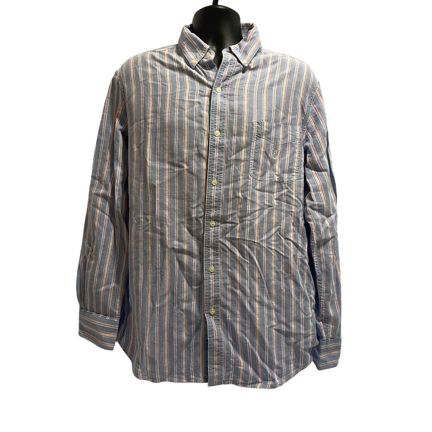 Chaps Ralph Lauren Mens Medium Blue Pink Striped Vintage Button Down Long Sleeve