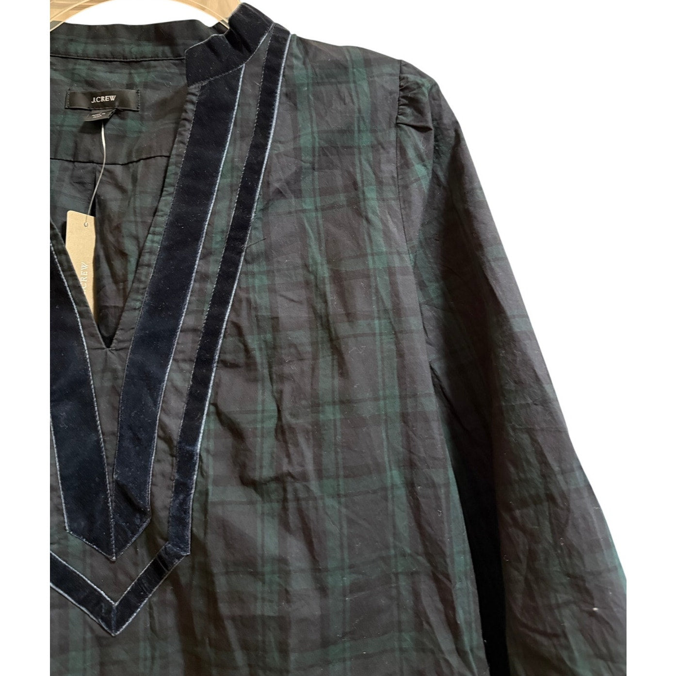 J.Crew Green Plaid Velvet Accent Tunic Blouse - NWT - Small - $98 MSRP