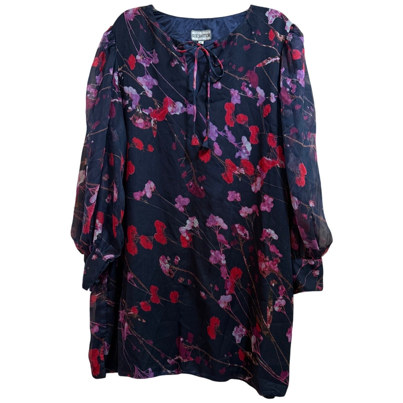 Vintage Sue Sartor Black & Red Floral Sheer Long Sleeve Mini Dress - XL