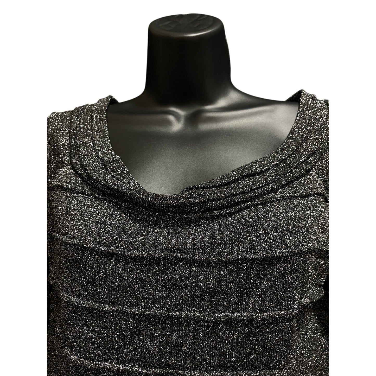 Cache Long Sleeve Slinky Knit Top Tunic Size Large Silver Black Metallic