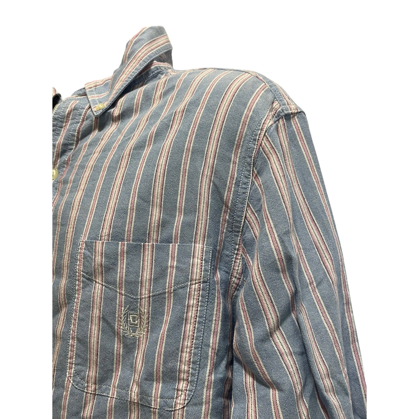 Chaps Ralph Lauren Mens Medium Blue Pink Striped Vintage Button Down Long Sleeve