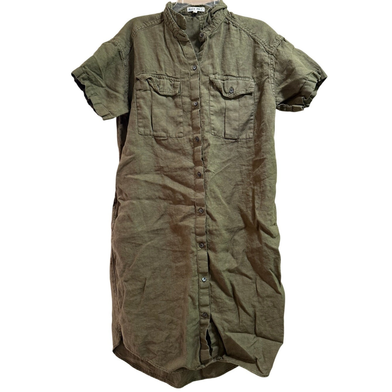 Alex Mill Army Green Short Sleeve Shirt Dress - 100% Linen - Large