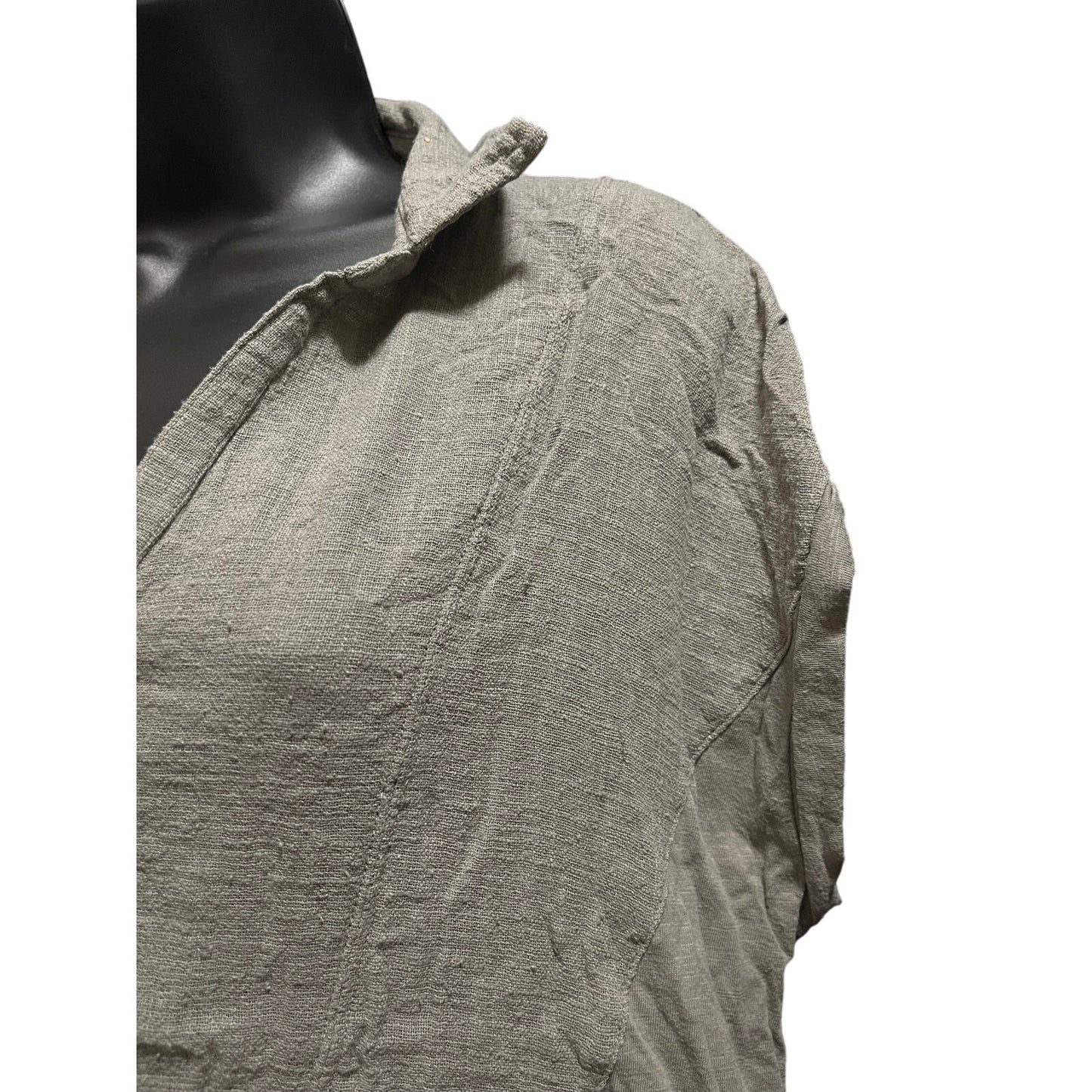 Mesh + Lace Size Large 100% Cotton Short Sleeve Button Front Blouse - Green/Gray